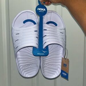 Hoka White and Blue Slide Sandals